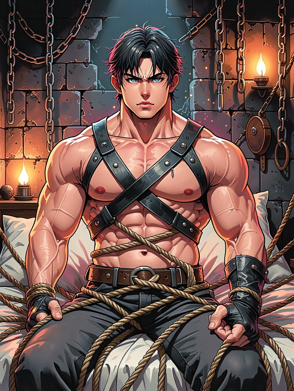 A muscular anime-style man sits on a bed in a stone dungeon, with a serious expression and intense gaze, surrounded by rusty chains hanging from the walls. He wears a bare torso, a black leather harness crossed with studs over his chest, dark wristbands, gray pants and a wide belt, while several thick ropes surround his abdomen, waist, arms and legs, suggesting a scene of captivity or bondage. The warm lighting of candles and torches contrasts with the cold, deteriorated walls, creating a dark, dramatic and medieval atmosphere, with details of metal, pulleys, rings and shadows that reinforce the feeling of confinement.