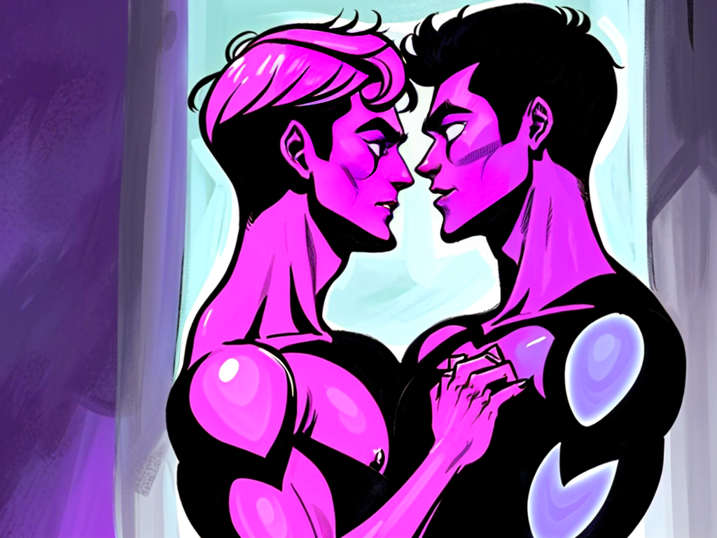 Two men intertwined in a passionate embrace, silhouettes highlighted by a dim purple light against a dark room backdrop. Their skin glistens in the subdued glow, with the purple hue casting an ethereal ambiance over their intimate connection, capturing every detail of their encounter.