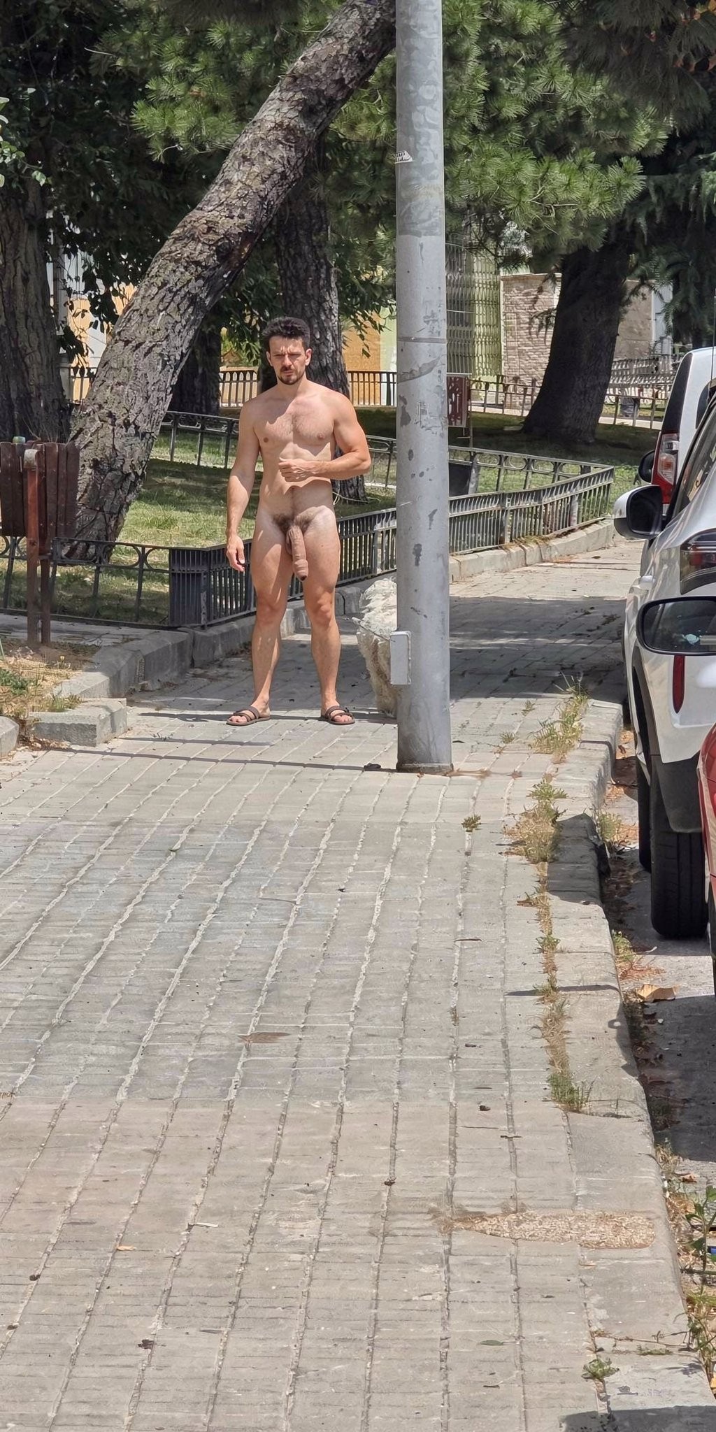 Un hombre desnudo permanece de pie en una acera urbana junto a una farola gris, con el torso descubierto, el pene visible y unas sandalias oscuras, mirando hacia delante en una postura relajada mientras sostiene algo pequeño en una mano. La escena transcurre en una calle arbolada con pinos inclinados, vallas metálicas, bordillos de piedra y pavimento de baldosas, con varios coches aparcados a la derecha y una zona ajardinada al fondo. La luz del día crea sombras marcadas sobre la acera y refuerza el contraste entre el cuerpo del hombre, el entorno público, los árboles y los elementos urbanos de la calle.