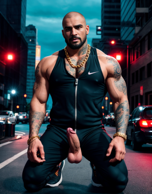 Hombre de 25 años, cuerpo atlético, rasgos duros y actitud desafiante, chandal deportivo ajustado, pene grande y largo, rapado, barba de dos días, zapatos Nike llamativos, tatuajes visibles en los antebrazos y el cuello, cadena gruesa de oro, calle de ciudad de fondo, de pie con postura dominante, expresión chulesca. Un hombre mayor de traje ejecutivo y zapatos, arrodillado a sus pies, pene erecto, testículos grandes, mirada de sumisión, frente tocando el pene del joven. Diferencia clara de estatus y poder, iluminación urbana nocturna, contraste fuerte de vestimenta y actitud, detalle en los rostros y gestos, composición vertical impactante.