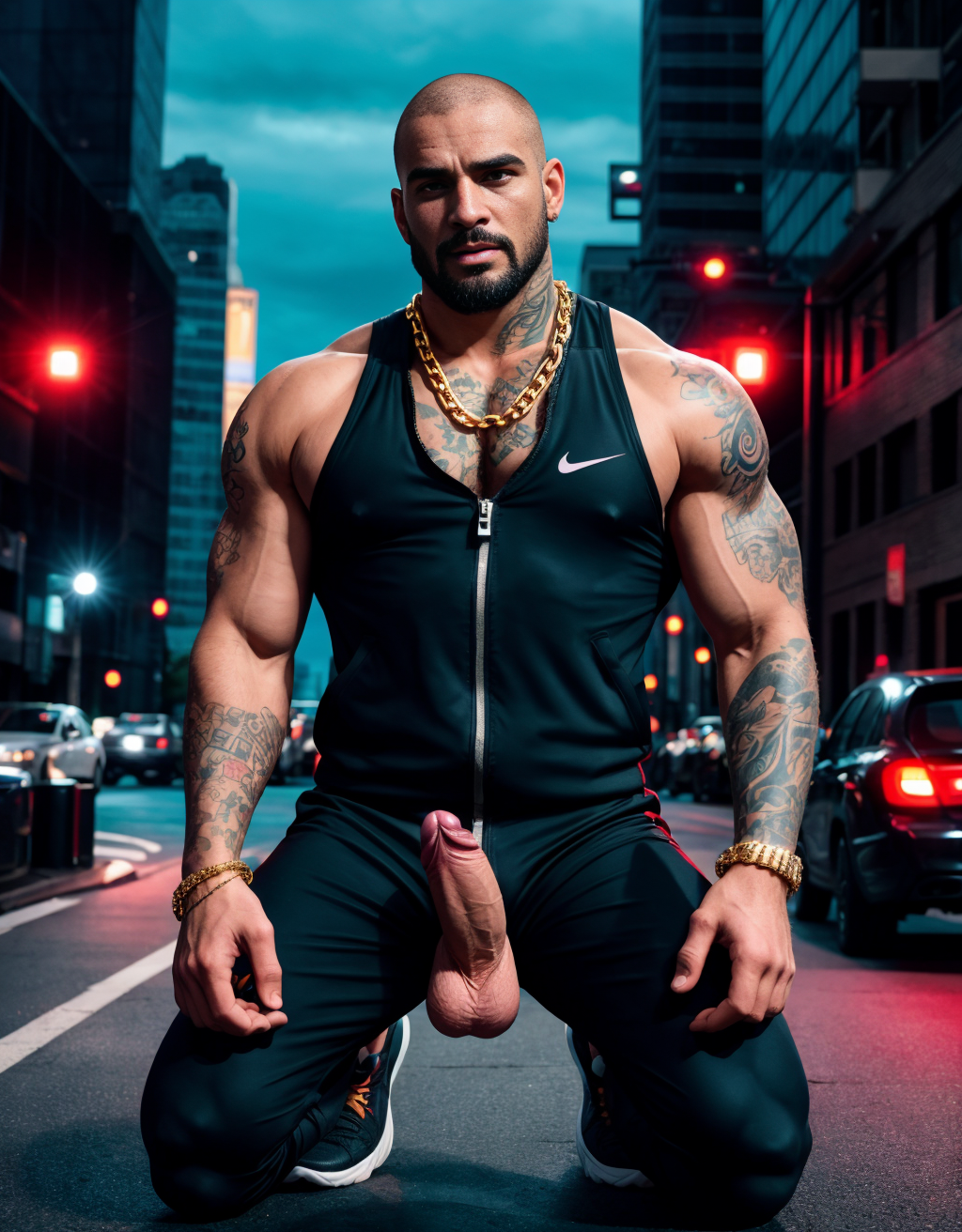 Hombre de 25 años, cuerpo atlético, rasgos duros y actitud desafiante, chandal deportivo ajustado, pene grande y largo, rapado, barba de dos días, zapatos Nike llamativos, tatuajes visibles en los antebrazos y el cuello, cadena gruesa de oro, calle de ciudad de fondo, de pie con postura dominante, expresión chulesca. Un hombre mayor de traje ejecutivo y zapatos, arrodillado a sus pies, pene erecto, testículos grandes, mirada de sumisión, frente tocando el pene del joven. Diferencia clara de estatus y poder, iluminación urbana nocturna, contraste fuerte de vestimenta y actitud, detalle en los rostros y gestos, composición vertical impactante.