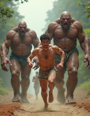 dos monstruos desnudos humanoides gigantes con penes enormes persiguen a un chico totalmente desnudo con intención de violarlo, corre desnudo y sudoroso para escapar de ellos. 