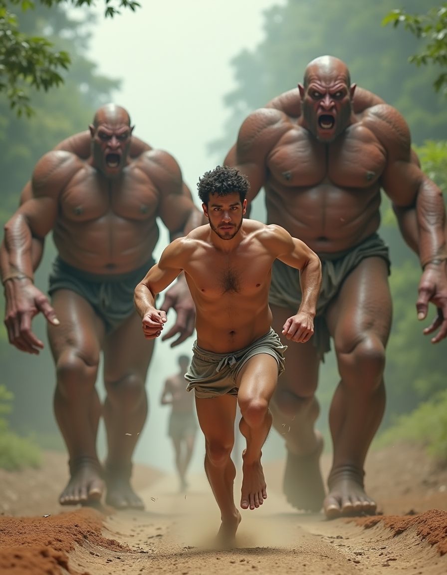 dos monstruos desnudos humanoides gigantes con penes enormes persiguen a un chico totalmente desnudo con intención de violarlo, corre desnudo y sudoroso para escapar de ellos. 
