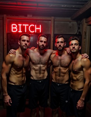4 hombres de 19 años sin camiseta en una mazmorra industrial, al fondo hay un cartel de neon donde pone 