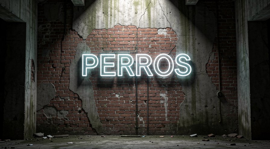 Una pared de ladrillo rojo descascarado y mohoso en una mazmorra industrial abandonada, con grietas y marcas de humedad, iluminada por una luz tenue y distante que provoca sombras dramáticas y oscuras en las esquinas. En el centro de la pared, en letras de neon brillante, se lee en grandes caracteres 