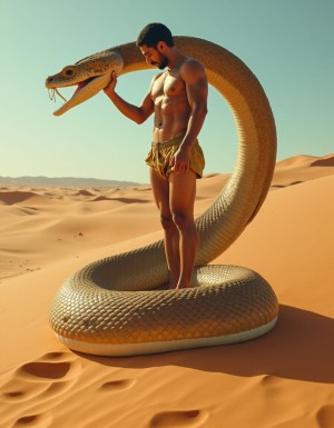 Indostaní doma a una gran serpiente en el desierto de Thar en el oeste de India.