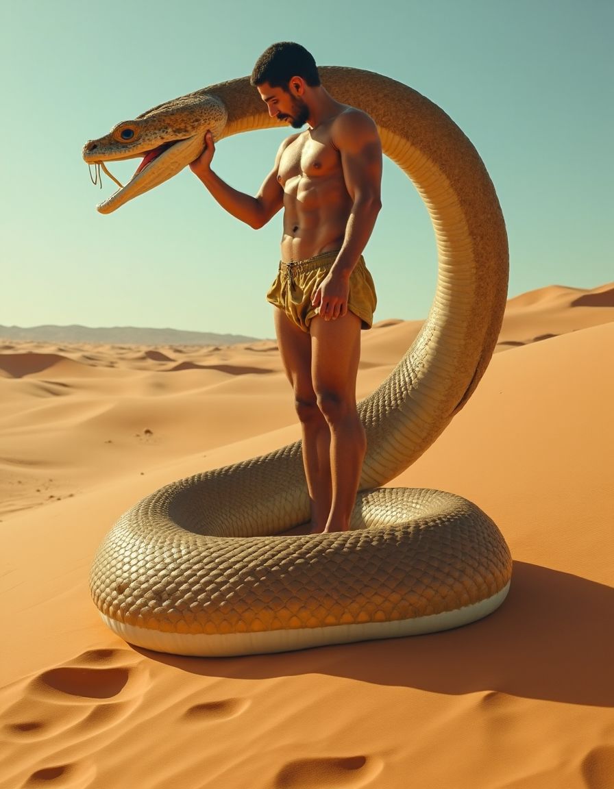 Indostaní doma a una gran serpiente en el desierto de Thar en el oeste de India.