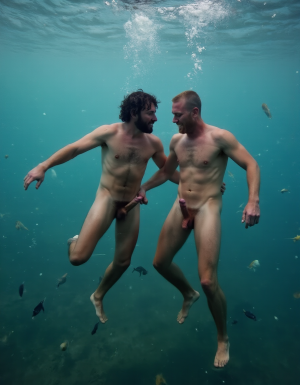Hombre de 40 años muy macho totalmente desnudo bajo el agua del mar rodeado de peces, tiene su pene erecto de 35cm de longitud y 8 cm de diámetro en tensión , es un hombre muy sexi, mueve sus pies para nadar, está nadando estilo braza bajo el agua del mar, tiene pelo largo ondulado despeinado flotando movido por el agua, tiene mucho vello negro por sus pectorales y en antebrazos y en piernas, tiene músculos marcados y muy definidos. Está nadando en en posición horizontal. Otro hombre está muy cerca de él tiene 50 años y está totalmente desnudo bajo el agua del mar rodeado de peces, tiene pene erecto de 37,5cm de longitud y 8,5cm de diámetro en tensión, es un hombre muy sexi, mueve sus pies para nadar, está nadando y tiene pelo rubio largo ondulado despeinado flotando movido por el agua, tiene mucho vello rubio por sus pectorales y en antebrazos y en piernas, tiene músculos marcados y muy definidos. Está nadando. Iluminación de estudio con sombras suaves que resaltan cada relieve y textura, fotografía hiperrealista, ultra alta definición 8K, texturas extremadamente detalladas, Iluminación de estudio con sombras suaves que resaltan cada relieve y textura, fotografía hiperrealista, ultra alta definición 8K, texturas extremadamente detalladas, colores naturales de piel humana, acabado cinematográfico. La fotografía realista, con genitales anatómicamente correctos y proporciones naturales, sin distorsión, busca capturar la esencia cruda y visceral del momento, sin adornos ni censuras. El enfoque en el punto del pene visible busca la virilidad del género masculino más macho.