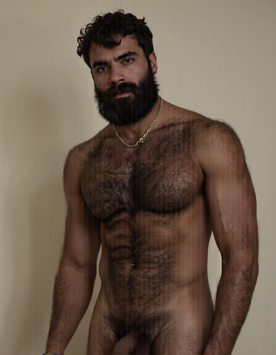 PEDRO es un hombre muy macho, delgado pero con músculos muy marcados y definidos,  está de pie. Tiene su polla erecta,

PEDRO tiene una cara geométrica masculina brutal, tiene la estructura ósea de un tío mediterráneo: pómulos altos que marcan sombras naturales bajo los ojos, tiene mandíbula cuadrada que se extiende hasta las líneas angulares perfectas antes de llegar a la barbilla, tiene la barbilla prominente con un amplio hoyuelo central firme y sobresaliente, es una cara sonriente pero impone respeto.

PEDRO tiene ojos oscuros, de color marrón profundo oscuro y están ligeramente hundidos bajo un arco supraciliar marcado que da una imagen de depredador peligroso, tiene cejas gruesas, densas y oscuras, casi rectas con una ligera curva natural, tiene los párpados entornados, tiene mirada de estar evaluando constante todo lo que le rodea, tiene las pestañas espesas y largas y negras.

PEDRO tiene nariz proporcionada a la cara, con el puente recto en forma clásica griega con la punta ligeramente redondeada y las aletas nasales expandidas, es una nariz que da carácter, que completa cara de gladiador retirado.

PEDRO tiene orejas de tamaño medio, pegadas al cráneo, casi ocultas por el pelo rizado que le cae a los lados, los lóbulos de las orejas son carnosos, las orejas de Pedro son perfectas y funcionales, proporcionadas al tamaño de su cabeza.

PEDRO tiene bigote que es un mostacho denso, espeso, de pelo negro azabache que le cubre todo el labio superior con una generosidad obscena, el bigote es abundante desde la base, con los pelos apretados unos contra otros formando una masa compacta que se extiende más allá de las comisuras de los labios y cae ligeramente hacia abajo en los extremos de la boca “estilo morsa”, el bigote tiene un acabado salvaje. Pedro no tiene barba y está afeitado y barbilla limpia.

PEDRO tiene pelo negro intenso, rizado, con volumen considerable, el pelo cae en ondas gruesas y desordenadas hacia los lados y hacia atrás, con textura natural de pelo denso y rebelde, el pelo de Pedro tiene brillo aceitoso de pelo sano, el pelo es recto y bajo, lo que le da una imagen de frente proporcionada pero no demasiado amplia, tiene pelo de tío macho.

PEDRO tiene cuello cuyos músculos esternocleidomastoideos están marcados y tensos a cada lado en forma de ve invertida que conecta la mandíbula con las clavículas, es un cuello corto en proporción y musculado, el cuello de Pedro tiene nuez pronunciada y es prominente y se ve bajo la piel bronceada, el cuello de Pedro tiene algunas venas finas que le recorren los laterales, en la base del cuello justo donde empieza el pecho tiene vello corporal asomando tímidamente, son unos pelos oscuros y dispersos.

PEDRO tiene pecho con una puta selva de vello, el pecho de Pedro es expansivo con las clavículas marcadas y separadas creando una plataforma horizontal sobre la que se asientan los pectorales, el pecho de Pedro tiene la piel de un color con tono aceitunado oscuro, bronceada de manera natural y uniforme, con brillo cálido, el pecho de Pedro tiene vello denso de pelo negro y rizado que le cubre desde la parte superior de los pectorales hasta el abdomen sin interrupción, el vello del pecho de Pedro es pelo grueso de color oscuro.

PEDRO tiene pectorales de músculos carnosos, que se separan en el centro creando un surco profundo donde la cadena dorada descansa, son pectorales de volumen generoso, están cortados con definición extrema de gimnasio y además tienen forma llena y potente de músculo funcional cubierto por una capa justa de carne que les da aspecto macizo, la parte inferior de cada pectoral crea una sombra curva sobre las costillas, marcando bien dónde termina el músculo, los pectorales de Pedro son sólidos y densos.

PEDRO tiene pezones visibles bajo el vello, son oscuros, de color marrón rojizo que contrasta con la piel aceitunada, de tamaño XL y ligeramente orientados hacia abajo y hacia los lados por la forma de los pectorales, los pezones de Pedro tienen areolas de tres centímetros de diámetro, con textura granulada típica, y el pezón central es muy protuberante endurecido y se marca a través del pelo, pelo oscuro y rizado van directamente desde las areolas, integrándolos completamente en el vello pectoral.

PEDRO tiene abdominales six-pack muy marcados, Pedro tiene un abdomen plano y firme con la musculatura subyacente visible pero cubierta por la capa de vello que baja desde el pecho sin interrupción, estrechándose a la altura del ombligo para formar un camino estrecho de pelo denso, el trail, que se convierte en una línea oscura y definida que desciende verticalmente como una flecha señalando hacia la entrepierna, tiene ombligo profundo y sobresaliente y es ovalado, rodeado de pelo, los abdominales de Pedro tienen los oblicuos laterales muy definidos y crean líneas diagonales a los lados de la cintura que enmarcan el abdomen, la musculatura de Pedro se aprecia bajo el vello de forma visible y es funcional de tío que hace muchos esfuerzos con su cuerpo.

PEDRO tiene brazos musculosos marcados, definidos y proporcionados al torso, los brazos tienen deltoides redondos y prominentes, con las tres cabezas del músculo visibles, creando una forma de bola en el hombro que separa el brazo del torso, los brazos de Pedro tiene bíceps marcados, tiene vena cefálica que le recorre la parte anterior del brazo bajo la piel, los brazos de Pedro tienen tríceps con forma de herradura en la parte posterior que dan volumen al brazo visto de perfil, los antebrazos son musculosos marcados y definidos y tienen la musculatura fibrosa y detallada, llenos de tendones visibles, los brazos de Pedro tienen vello abundante oscuro de pelo negro y rizado cubriendo especialmente los antebrazos donde forma una capa densa y uniforme que atrapa la luz del sol y le da aspecto primitivo, animal, la parte superior del brazo también tiene vello disperso pero presente, oscureciendo la piel bronceada.

PEDRO tiene manos con dedos y nudillos prominentes, son manos de trabajador, con la piel algo más áspera que el resto del cuerpo, tiene uñas cortas y cuadradas, las manos de Pedro tienen pelo oscuro en el dorso de las manos y en las primeras falanges de los dedos, disperso pero visible, las manos de Pedro tiene unas palmas perfectas y las líneas están marcadas profundamente, son manos que agarran bien.

PEDRO tiene piernas con los cuádriceps voluminosos y densos, con forma de lágrima invertida en la parte interna que delata músculo de verdad, y la separación entre el vasto externo y el recto femoral se marca flexionado, las piernas de Pedro tienen muslos marcados y definidos, cubiertos completamente por una capa generosa de vello negro rizado, denso, oscuro sobre la piel morena, la parte posterior de los muslos tiene los isquiotibiales definidos y tensos, con cuerdas musculares que se marcan, las piernas de Pedro tienen rodillas huesudas, funcionales y sus pantorrillas tienen gemelos duros con forma de diamante, cubiertos también de vello oscuro e indomable que le sube desde los tobillos hacia el muslo arriba. Pedro tiene piernas perfectas y muy masculinas .

PEDRO tiene pies proporcionados a la estructura de su cuerpo de macho, tiene los pies rectos con las uñas cortas y algo amarillentas por el sol y las sandalias, los pies de Pedro tienen planta callosa y se distinguen los talones perfectos y la base de los dedos es canosa, los pies de Pedro tienen pelo oscuro en el empeine y en los dedos, disperso pero visible, conectando con el vello de las pantorrillas, el arco del pie es pronunciado, y los tendones extensores se marcan en el empeine flexionando los dedos, los pies de Pedro tienen apariencia sólida.

PEDRO tiene una polla de treinta y cinco centímetros de longitud de carne de un tono ligeramente más oscuro que el resto de su piel de color marrón aceitunado el color marrón aceitunado de la polla de PEDRO se oscurece hacia el glande, la polla de Pedro tiene ocho centímetros de diámetro, la polla de Pedro es de carne  de volumen brutal con las venas dorsales azuladas marcadas bajo la piel, el tronco de la polla de Pedro es ligeramente curvado hacia arriba y está dura, y la piel está cubierta en la base de la polla por una maraña de vello púbico negro, espeso y rizado que conecta directamente con el trail que baja desde el ombligo, la polla de Pedro tiene el prepucio cubriendo parcialmente su glande, de cabeza roma y rojiza, con el meato uretral como una ranura vertical que gotea por excitación sexual, es una polla dura que apunta hacia arriba con curva amenazante y hace sombra sobre los huevos.

PEDRO tiene huevos que cuelgan mcho, tienen el escroto oscuro, arrugado, cubierto por vello rizado y disperso, los huevos de Pedro son dos esferas de cinco centímetros de diámetro cada uno y son perfectamente simétricos, que se balancean entre sus muslos como péndulos, el huevo izquierdo cuelga ligeramente más bajo que el derecho, la piel del escroto es más oscura que el resto del cuerpo con tono marrón profundo, el escroto está extendido dejando los huevos descolgar desde la base de la polla, son huevos que están llenos, que producen corridas espesas, abundantes y calientes.
PEDRO es un hombre muy delgado con rasgos mediterráneos, se le ve de cuerpo entero desde la coronilla de la cabeza hasta las plantas callosas de los pies, pasando por los treinta y cinco centímetros de polla. Fondo 🏞️. Imagen ultra alta definición 8K.