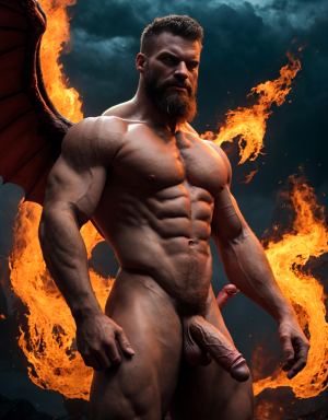 Diablo Satanás desnudo, pene grande:1.5, testículos oscuros:1.2, vello corporal abundante:1.1, bronceado:1, alas negras y rojas oscuras:1.3, brazos hacia arriba, implorando rayos y fuego, ojos rojos grandes:1.2, barba:1, delgado, testículos visibles:1.1, ano expuesto:1, rodeado de llamas y humo:1.2, chorro de fuego rojo en pene erecto:1.5, torso de toro musculoso:1.2. Tiene fuego en su ano y tiene mucho fuego en sus testículos.
