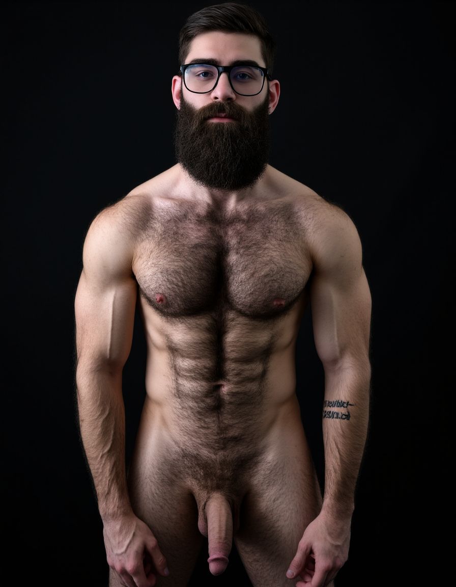 Fotografía hiperrealista de un hombre adulto musculoso a la vista desde las rodillas para arriba hasta la cabeza, rostro masculino idéntico a la imagen de referencia totalmente desnudo con polla erecta de treinta centímetros de longitud y ocho centímetros de diámetro, tiene rasgos marcados duros expresivos, barba densa poblada tupida oscura estilo hipster cubriendo completamente mandíbula mentón mejillas con grosor uniforme textura abundante muy definida, bigote denso tupido oscuro conectado perfectamente con la barba completa cubriendo completamente el labio superior, pelo oscuro medio peinado completamente recto hacia arriba con volumen considerable estilo hipster moderno quiff puntas verticales texturizadas hacia el cielo con altura prominente, cejas gruesas oscuras pobladas muy marcadas definidas, gafas de montura completa negra cuadradas grandes estilo hipster moderno sobre el puente de la nariz enmarcando unos ojos oscuros intensos que miran directamente a cámara con expresión seria penetrante confiada, expresión facial seria masculina sin sonrisa con mirada directa desafiante, pómulos marcados definidos angulares, nariz recta proporcionada, labios medios apenas visibles completamente cubiertos por bigote denso que conecta con la barba hipster completa, torso desnudo muy musculoso con pectorales enormes desarrollados y definidos y velludos peludos, hombros anchos musculosos deltoide prominentes, brazos musculosos con bíceps y tríceps marcados visibles a ambos lados del cuerpo, abdomen tonificado marcado visible desde la cintura, piel con textura realista detallada poros imperfecciones sutiles, vello corporal denso oscuro abundante cubriendo pectorales abdomen brazos hombros con textura natural masculina muy visible, tatuaje en tinta negra en el bíceps del brazo derecho con la palabra exacta a la vista: 
