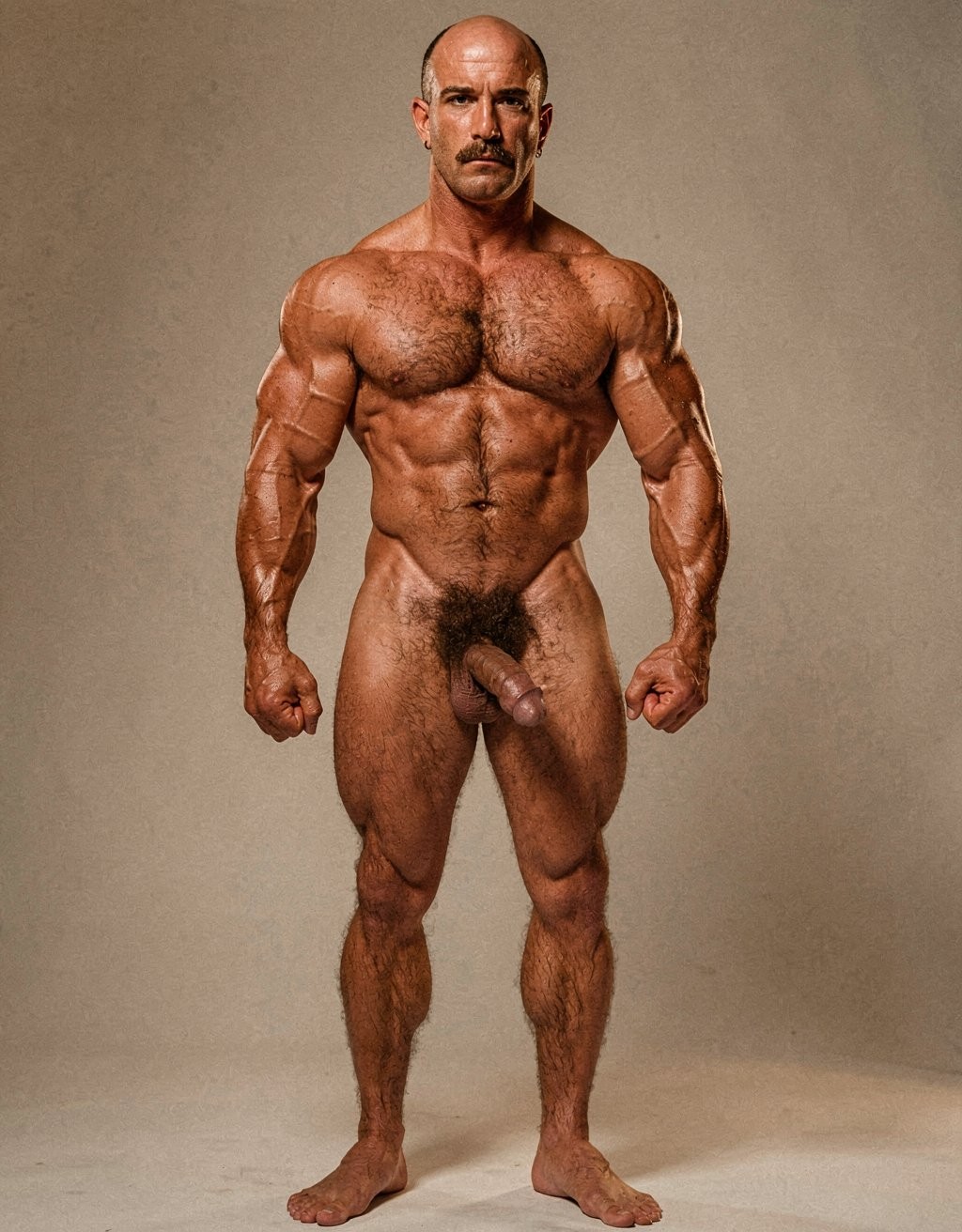 Mike Morris, the 32-year-old Caucasian bodybuilder with an athletic and extremely defined muscular physique, stands at full attention in a strict military pose, feet together, legs straight, back rigidly upright, shoulders back, chest thrust forward, arms at his sides with fists clenched, and head held high looking straight ahead with a serious, almost threatening expression. Full body shot from the tips of his toes to the top of his bald head. He is completely naked. His advanced Norwood III-IV male pattern baldness is clearly visible, with a shiny tanned scalp on top, short dark brown hair only on the sides and back. His square, angular face with strong jaw, prominent cheekbones, thick dark handlebar mustache, heavy brows, and intense deep-set brown eyes under slightly hooded lids stares forward with firm authority. His massive square pectorals are pushed out, dark brown chest hair forming a dense classic T-pattern down the sternum and spreading across his wide six-pack abs. Small dark nipples sit low on the pecs. A trail of dark hair leads to an extremely dense, thick, curly dark brown pubic bush that climbs almost to his navel. His heavy 14 cm flaccid cock hangs thick over large, low-hanging hairy testicles, the skin of the shaft noticeably lighter than his tanned body. Powerful veined forearms, developed traps flowing into delts, defined quads with visible separation, diamond-shaped calves, and hairy feet complete the figure. Warm directional studio lighting from above and slightly to the side creates sharp highlights on his oiled skin, deep shadows that accentuate every muscle fiber, the texture of his dense body hair, and the contrast between his tanned body and lighter genital area. Photorealistic, 1970s Colt Studio aesthetic, high contrast, masculine and commanding presence, grainy film texture.