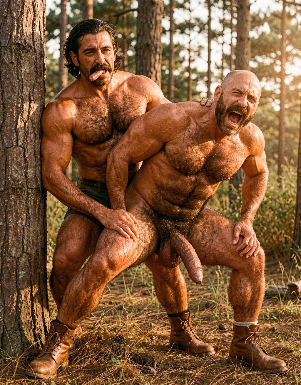 Two naked men, very muscular and covered in body hair, pose in a pine forest with warm sunset light, among dry grass and trunks. The man behind, with long dark hair, a mustache, and brown boots, holds the other by the shoulder and leg while leaning his body against a tree. The man in front, bald and bearded, is bent forward with his mouth open in an intense expression, also wearing boots, explicitly showing his chest, abdomen, thighs, and penis. The scene has a rugged and natural aesthetic, with athletic bodies, sweaty skin, a forest environment, and a composition of physical strength and bodily contact.