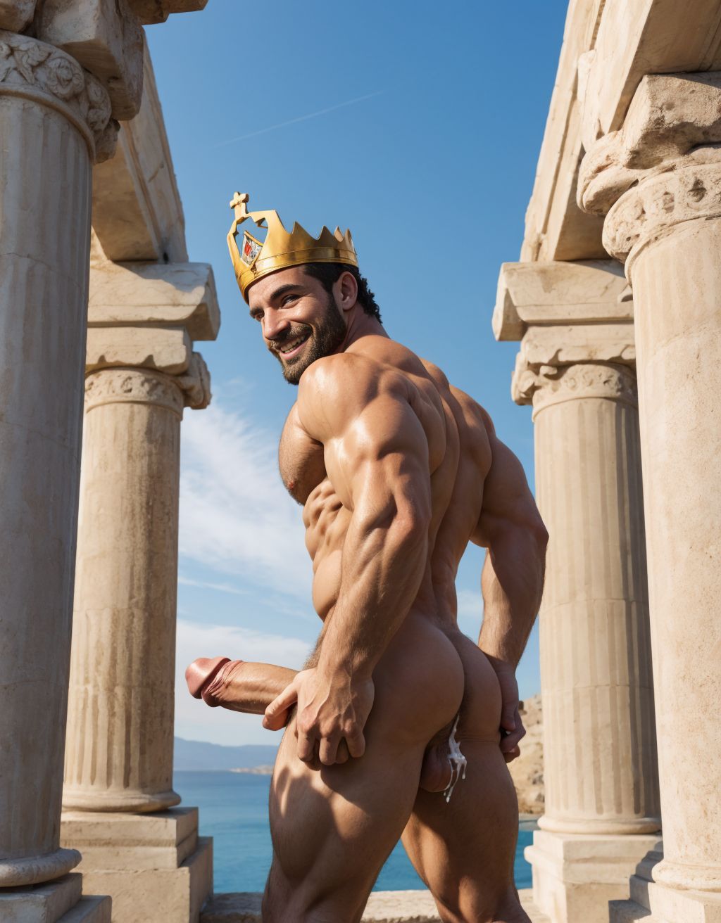 Hombre griego desnudo, sonriente, corona de oro y diamantes, pene grande eyaculando, testículos peludos, inclinado, enseñando ano y los testículos, mirando hacia atrás, dedo dentro del ano, entre casas antiguas con columnas y estatuas, sol de tarde, piel bronceada, músculos definidos, ojos brillantes, sensual y apasionado. Tiene los testículos antes que el pene y cerca del ano, mirando por la espalda.