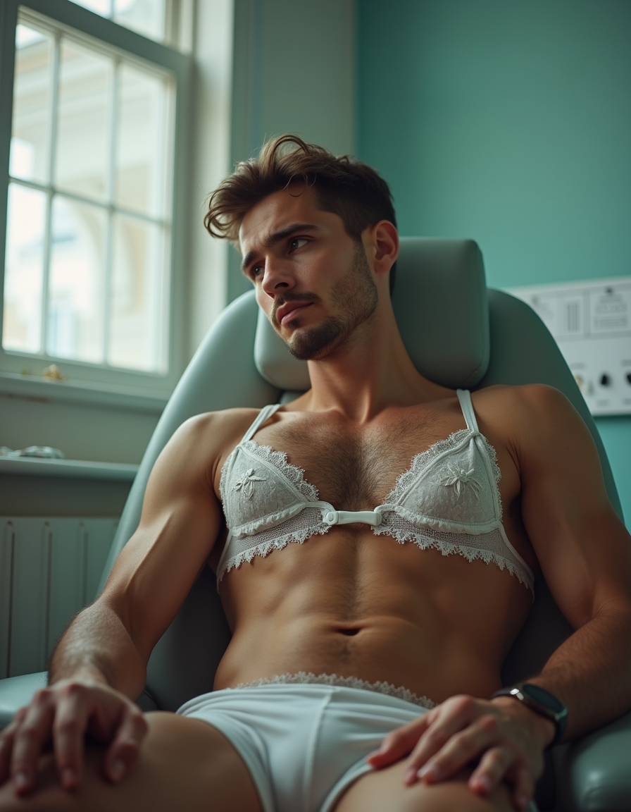 A young man with an athletic build is reclining on a clinical-looking reclining chair, his muscular torso partially covered by a white lace bra with thin straps and delicate details, paired with tight white underwear. His hairy chest, defined abdomen, and strong arms contrast with the feminine lingerie, creating a suggestive and stylized scene. He has messy brown hair, a short beard, and a serious, thoughtful expression as he looks to one side. The room, lit by natural light from a large window, has aqua-green walls, a radiator, and medical panels in the background, reinforcing an intimate, modern, and slightly hospital-like atmosphere.