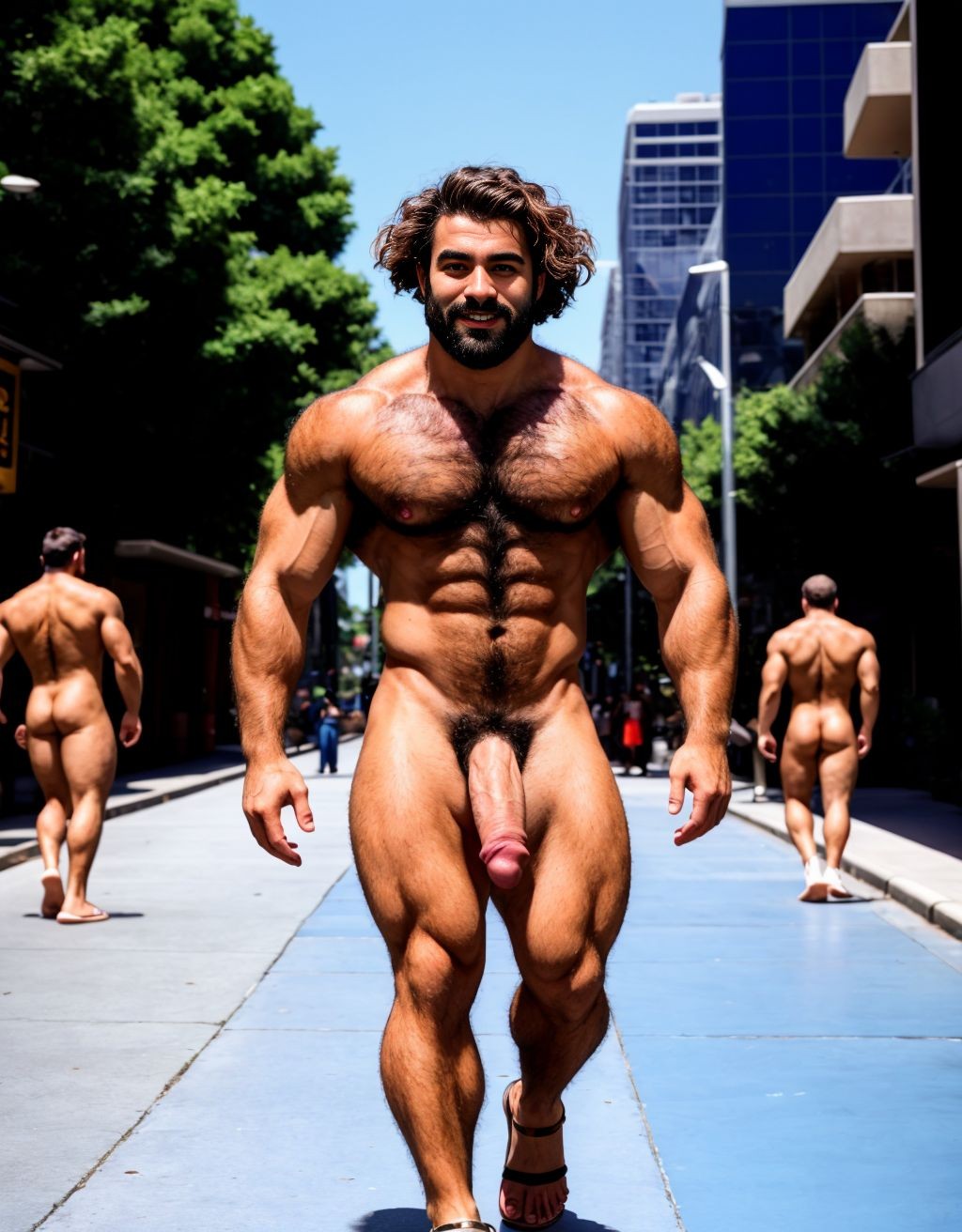 Dos hombres jóvenes desnudos musculosos y fibrosos. Tiene pene grande. Están andando por la calle. Tienen sandalias en los pies. El pene y los testículos se mueven al aire al andar. El enorme pene se dobla hacia el lado al ritmo del andar. Los testículos botan contra los muslos al andar moviéndose hacia afuera. Tienen mucho pelo vello en el pecho. Tienen los pelos muy rizados y largos. El pelo es vaporoso y se mueve con el aire hacia adelante. Tienen pezones largos perfectos.