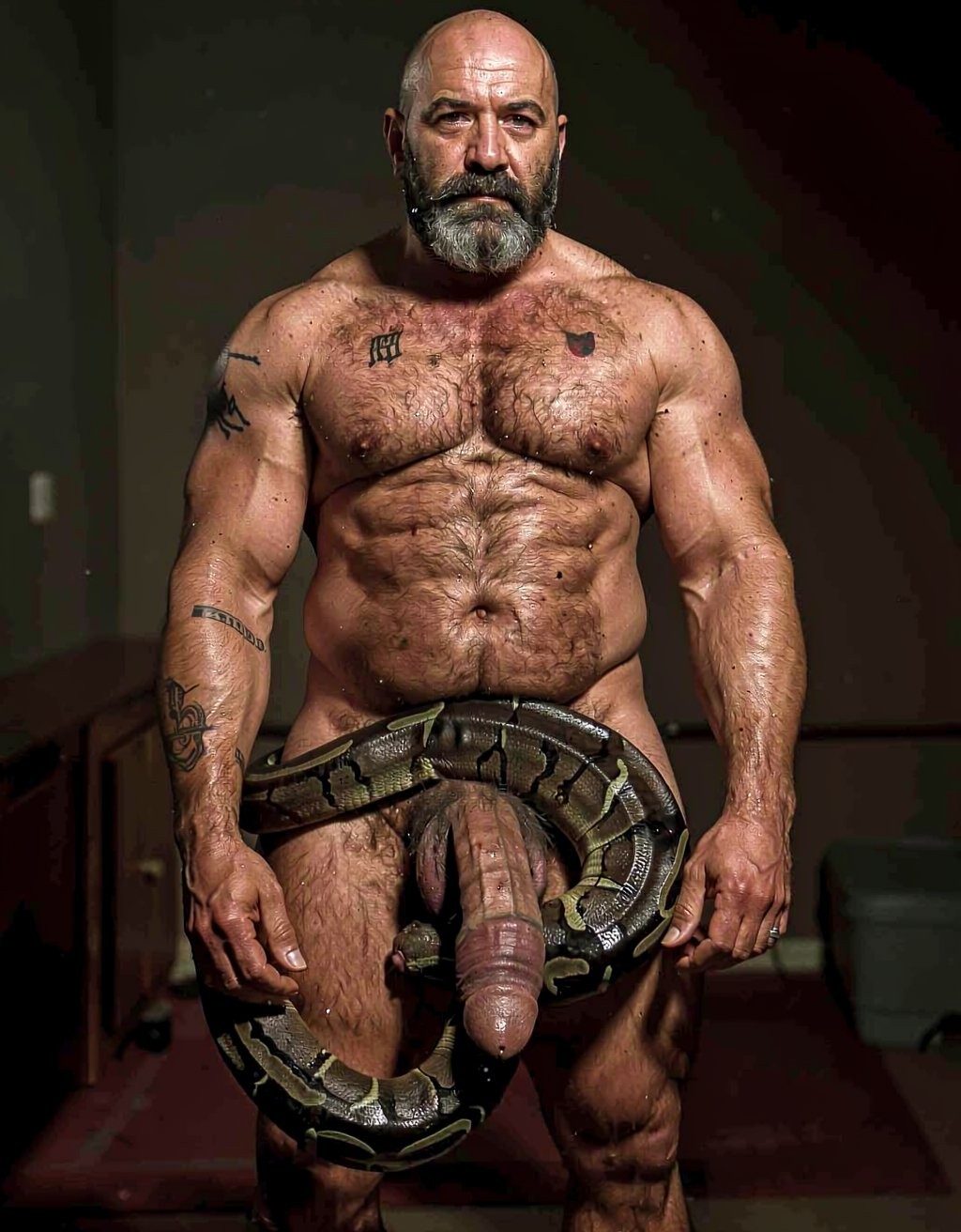 A powerful muscular Greek man named Dimitris, 40 years old, hairy chest and thick beard, athletic mature body covered in dark fur, stands naked in dim warm light. A large glossy python snake with black and emerald green scales is sensually and tightly coiling up his right leg in smooth spiraling loops, starting from the calf, gripping the thick hairy thigh with possessive pressure. The snake’s heavy muscular body then wraps tightly around his heavy hanging balls, lifting and squeezing them in several firm coils, before continuing upward to spiral around his thick veiny erect cock from the base all the way to the swollen head, constricting it with slow rhythmic contractions. The snake’s scales contrast against his tanned skin and dark pubic hair, dramatic side lighting creating strong highlights on the glossy scales and sweaty skin, intense erotic tension, highly detailed, cinematic atmosphere.