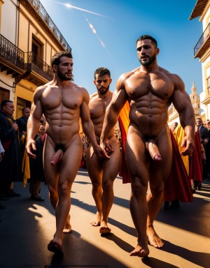 Un hombre desnudo es Nazareno de Semana Santa por las calles de Sevilla. Tiene pene muy grande y perfecto. Iluminado con luz cálida del sol de atardecer. Le persiguen dos hombres con túnica de nazareno con los penes erectos y descubiertos