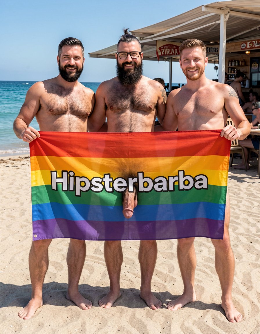 Fotografía hiperrealista tomada al mediodía en la arena de El Playazo, Vera Playa, Almería, justo delante del chiringuito El Pirata. Los tres estáis completamente desnudos, de pie uno al lado del otro, sonrientes y formales como buenos amigos, sujetando entre los tres una gran pancarta horizontal de tela que ondea suavemente con el viento. La pancarta está colocada exactamente a la altura de la cintura, cubriendo de la cintura para abajo, por lo que vuestras pollas, huevos y parte superior de los muslos quedan completamente visibles y expuestos por debajo de la tela.

La pancarta ahora tiene los colores del arco iris: el fondo es una franja horizontal con los colores del orgullo gay (rojo, naranja, amarillo, verde, azul y morado) y el texto está escrito en blanco con un borde negro para que resalte. En la pancarta pone exactamente “Hipsterbarba”, con la “H” en mayúscula y el resto de letras en minúsculas.

Hipsterbarba estás en el centro sujetando la pancarta con ambas manos: 40 años, 1,80 m, 80 kg, 8% de grasa, six-pack seco y muy marcado, pecho velludo negro denso con trail hasta el pubis, barba Bandholz larguísima y cuidada que llega casi al ombligo, bigote con puntas curvadas en espiral, gafas de pasta negra, pelo en high fade undercut, tatuaje “hipsterbarba” en el brazo derecho, polla gruesa de 18 cm con prepucio parcial y huevos pesados y peludos colgando debajo de la pancarta.

A tu izquierda está Erik sujetando su parte: 38 años, 1,85 m, 92 kg, 7% de grasa, hombros y pectorales enormes, barba negra espesa, polla gruesa de 19 cm y huevos grandes peludos también visibles bajo la tela.

A tu derecha está Ferran: 36 años, 1,78 m, 78 kg, 9% de grasa, barba castaña más corta, polla de 17 cm también expuesta debajo de la pancarta.

Los tres sonreís de forma natural y amistosa mirando directamente a la cámara, con las manos sujetando la pancarta que se mueve con el viento. El sol del mediodía ilumina vuestros cuerpos musculosos y velludos, el mar turquesa queda al fondo y la terraza del chiringuito El Pirata se ve detrás con nudistas tranquilos. Texturas reales de tela ondeando, colores vivos del arco iris, piel, vello y luz natural perfecta. Todo limpio, positivo y con buena vibra.