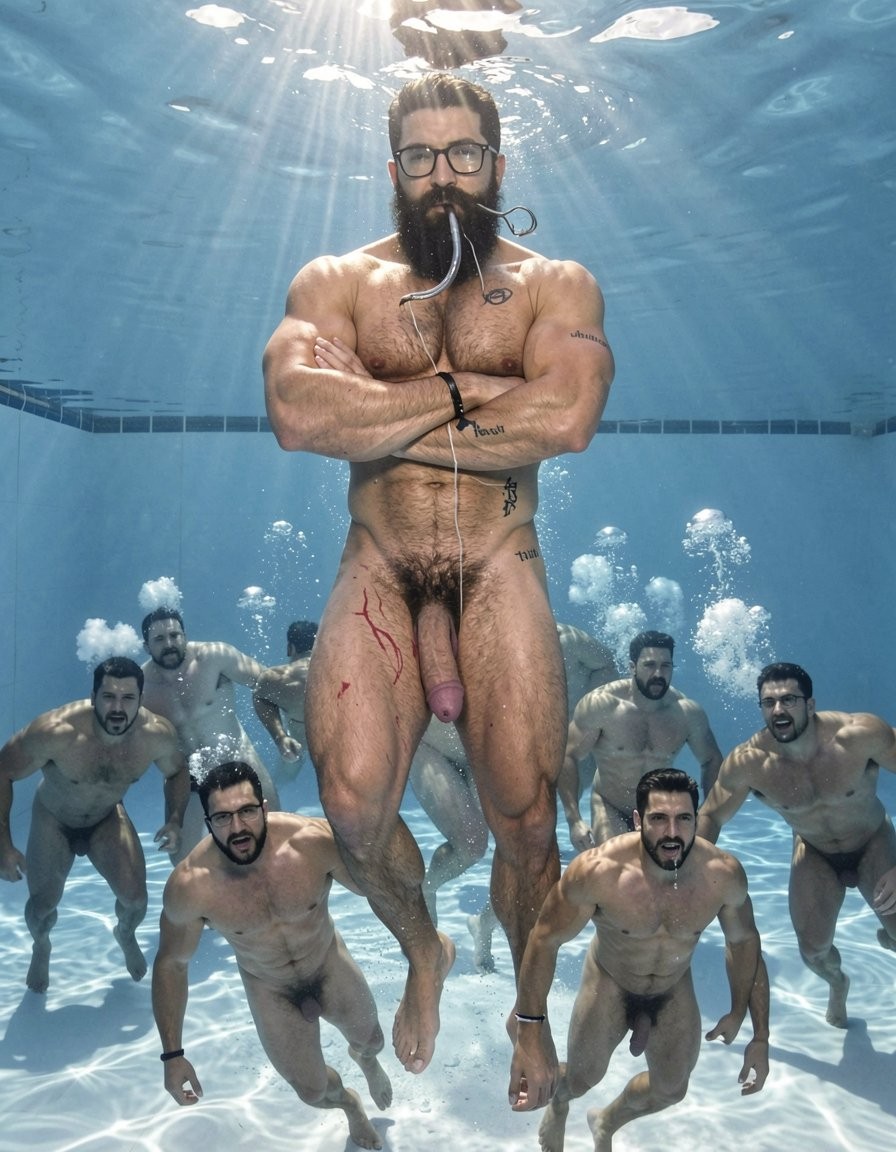 Un hombre desnudo y musculoso flota bajo el agua en una piscina, con los brazos cruzados, gafas negras y un tubo de snorkel en la boca, iluminado por rayos de sol que atraviesan la superficie. Su cuerpo aparece de frente, con vello corporal, tatuajes en el torso y la pierna, un cordón atado al pene y marcas rojas visibles en el muslo. A su alrededor nadan varios hombres también desnudos, con barba y complexión atlética, avanzando desde el fondo como un grupo sincronizado. El ambiente azul, las burbujas, los reflejos ondulados del agua y las líneas de la piscina crean una escena submarina intensa, provocadora y cuidadosamente compuesta.