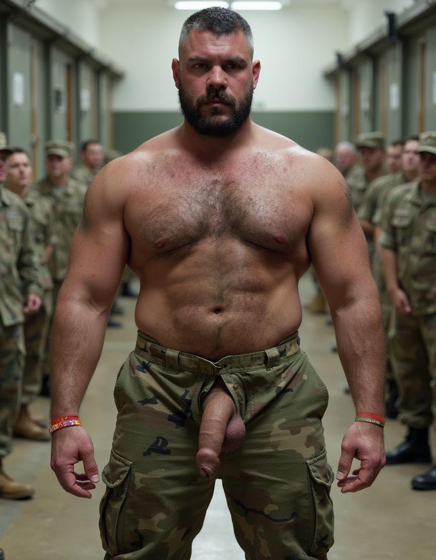 Extremely muscular military soldier standing at strict attention position, heels together, arms rigid at sides, chest out, shoulders back, chin raised, eyes fixed forward, camouflage uniform with open fly zipper, thick veiny semi-erect uncircumcised cock hanging out of open military pants fly, heavy hairy balls visible in green military underwear, dense black pubic hair, massive defined muscles, very hairy chest visible, thick black beard, military buzz cut, prominent veins on arms, zero body fat, powerful legs in combat boots, sweat on forehead, masculine virile appearance, military barracks background, front view torso and lower body focus, photorealistic, high detail, dramatic lighting