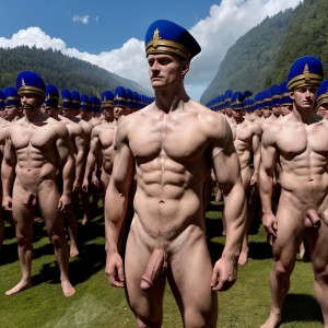 Napoleón Bonaparte totalmente desnudo. Tiene vello en pecho y brazos. Está de pie. Está totalmente desnudo musculoso. Se ve todo su cuerpo entero. Tiene pene grande erecto. Tiene testículos grandes. Tiene mucho vello y pelo. Foto muy realista texturas 8k. Está rodeado de soldados desnudos del Ejército Imperial Francés napoleónicos del año 1820 y tiene cañones de la época napoleónica