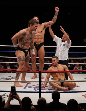 Tres luchadores están en el ring, de cuerpo entero yen tanga,   muestran magulladuras en la cara y labio partido, uno de ellos ha quedado derrotado tirado en el suelo, mientras el árbitro declara el fin del combate. 