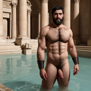 centurion  romano joven moreno con barba, desnudo. Con cara de chico muy guapo francés y cuerpo estilizado. Foto de cuerpo entero. Fondo termas romanas. Pene grande y negro, barba muy corta, ojos achinados