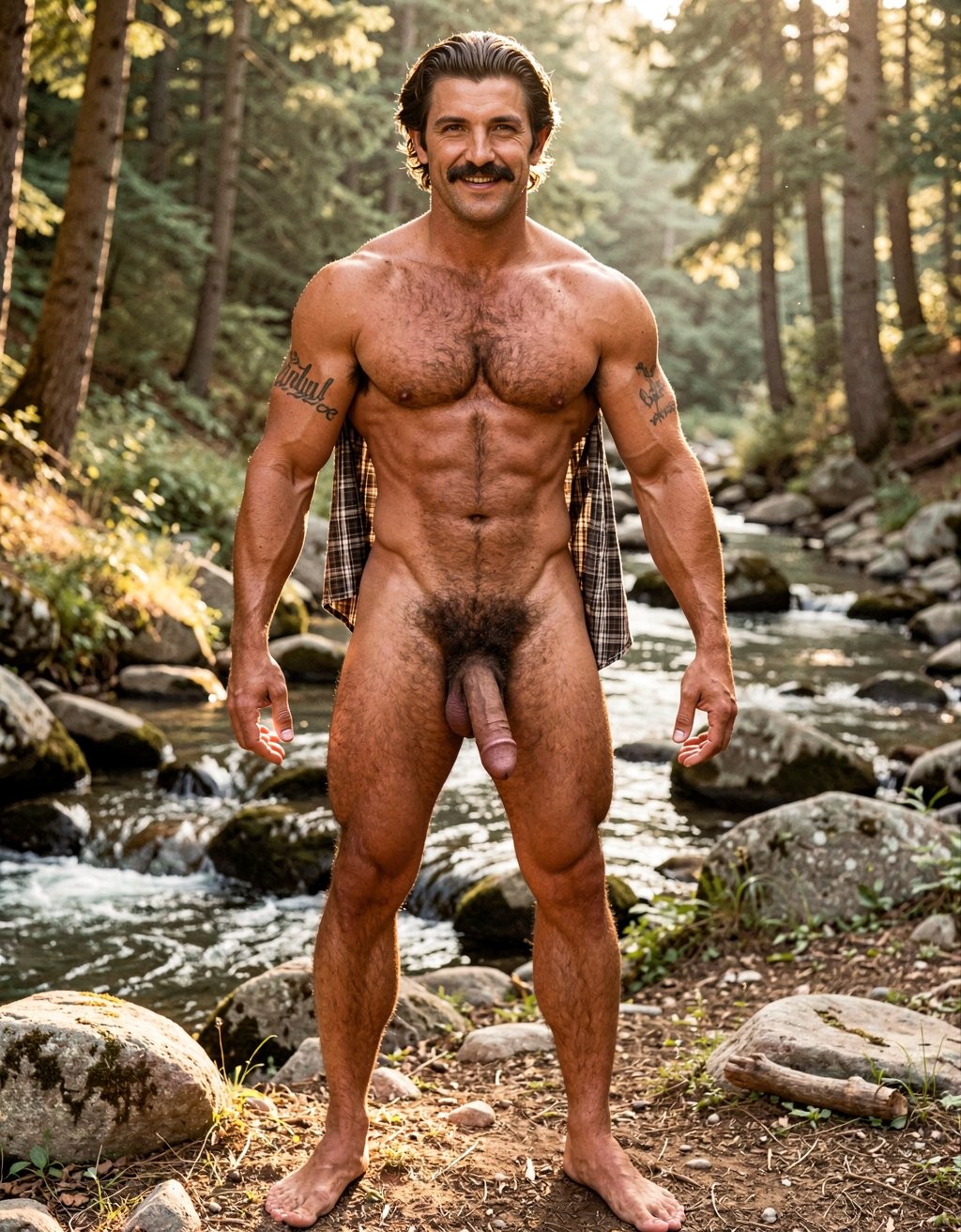 Paul Storr. A hyper-realistic portrait of the definitive Paul Storr, 28 years old, captured exactly as he appeared in Colt Studio's mid-1970s photography. He stands alone in a sunlit forest clearing beside a mountain stream, embodying the ultimate all-American masculine ideal of the Colt era. His face is square and powerfully masculine with a sharply chiseled jaw, prominent cheekbones, thick dark eyebrows, intense dark eyes delivering a serious and slightly defiant gaze directly at the viewer, and a perfectly groomed, dense dark brown seventies mustache. His short, slightly wavy dark brown hair is combed back naturally with prominent long sideburns.

His torso is athletic, muscular and natural — broad shoulders, thick developed pectorals and strong arms — covered in a dense, uniform coat of dark brown (almost black in places) body hair that completely covers his chest, swirls around his nipples, forms a thick central trail down his defined abdomen and disappears into an extremely thick, wild dark pubic bush. The same dark hair spreads across his shoulders, upper back and forearms. His skin has a rich, even golden-medium bronze tan that creates a striking erotic contrast with the noticeably paler skin of his large, thick cock and heavy, pendulous, hairy balls. His cock hangs heavy with a partial foreskin pulled back just enough to reveal the plump head, surrounded by that dense almost-black pubic forest.

He wears only an open plaid work shirt hanging loosely off his broad shoulders, completely naked from the waist down, standing barefoot in a confident, powerful working-man stance like a rugged ranger or cowboy. Warm golden sunlight filters through the trees from the side, casting dramatic highlights that glisten on his slightly oiled hairy chest and deep masculine shadows that accentuate every muscle, every swirl of dark hair, and the weight of his thick cock and balls. Classic 1970s Colt Studios raw, hyper-masculine, filmic aesthetic, extremely detailed, authentic and powerfully sexual.  Paul Storr está a la vista de cuerpo entero desde los pies desnudos  hasta la cabeza.. Paul Storr está ahora sonriendo presumidamente.   Paul Storr tiene un pequeño tatuaje, adaptado anatómicamente a la forma de la región braquial de su brazo izquierdo, con las letras de tamaño pequeño: Paul (respetando la letra 