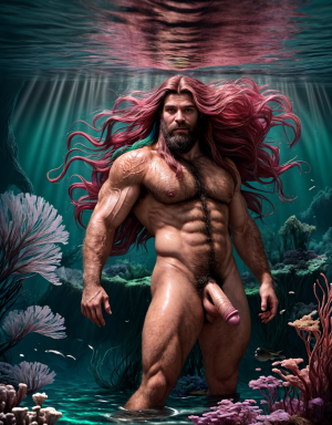 Foto hiperrealista en 8k. Dos hermosos hombres sirena musculosos de pie muy velludos con cabello largo colorido y pene grande y testículos grandes . Nada en un bosque submarino de algas marinas, con el cabello flotando ingrávidamente detrás de él, mientras la luz del sol de la superficie se filtra y salpica el entorno.
