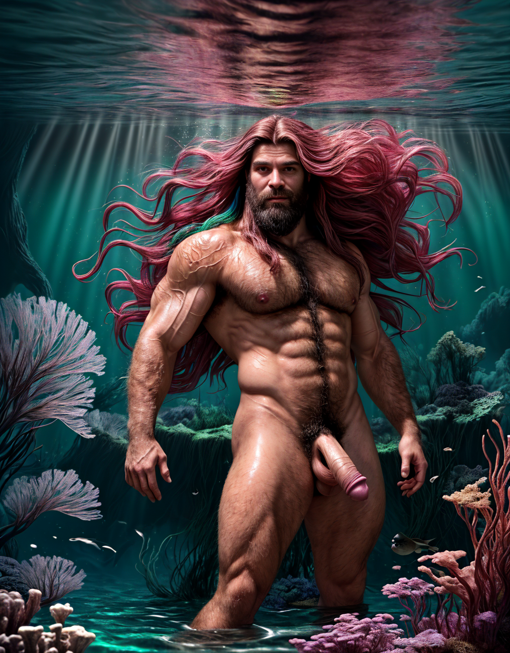Foto hiperrealista en 8k. Dos hermosos hombres sirena musculosos de pie muy velludos con cabello largo colorido y pene grande y testículos grandes . Nada en un bosque submarino de algas marinas, con el cabello flotando ingrávidamente detrás de él, mientras la luz del sol de la superficie se filtra y salpica el entorno.