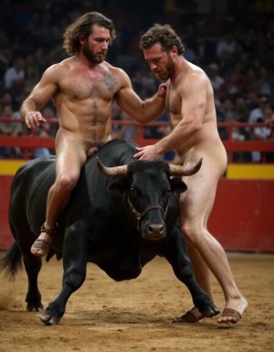 Un hombre musculoso y velludo de 50 años, torero español, con un torso atlético y marcado. Está totalmente desnudo. Tiene un pene de 25 cm de longitud, perfectamente formado y rodeado de un denso vello púbico castaño oscuro. Sus testículos, de grandes dimensiones y perfectamente formados, cuelgan de manera prominente. La piel bronceada y sudorosa resalta su musculatura definida, con pectorales y abdominales bien marcados y sin grasa. El cabello largo y castaño oscuro está despeinado y sudoroso, con gotas de sudor resbalando por su frente y mejillas. Una barba incipiente y un vello corporal denso que se extiende por su pecho, piernas, brazos y espalda completan su apariencia viril.
Está descalzo, excepto por sandalias marrones en sus pies, y su pene erecto es el centro de atención, mostrando sus enormes testículos. A su lado, un toro majestuoso comparte la escena en una plaza de toros, con sombras que resaltan la musculatura y el vello corporal del hombre, creando un ambiente sensual y cargado de tensión.

A su lado se encuentra otro hombre musculoso y velludo, de 30 años. Está totalmente desnudo con el pene erecto a la vista y con un torso atlético y marcado. Este hombre presenta un pene de 20 cm de longitud, hermoso y perfecto, rodeado de un denso vello púbico moreno. Su piel bronceada y sudorosa también muestra una musculatura definida, con pectorales y abdominales bien marcados. El cabello largo y rubio oscuro está despeinado y sudoroso, y una barba incipiente complementa su look. El vello corporal denso en su pecho, piernas, brazos y espalda añade a su apariencia masculina y atlética.

Ambos hombres, en esta escena llena de sensualidad y poder, destacan su musculatura, vello corporal y atributos viriles, creando una imagen impactante y llena de energía en el ambiente de la plaza de toros. Están follando subidos al toro.