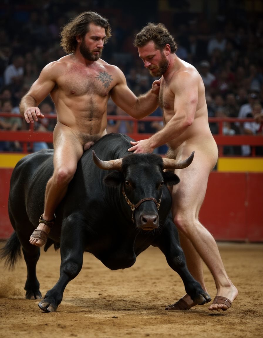 Un hombre musculoso y velludo de 50 años, torero español, con un torso atlético y marcado. Está totalmente desnudo. Tiene un pene de 25 cm de longitud, perfectamente formado y rodeado de un denso vello púbico castaño oscuro. Sus testículos, de grandes dimensiones y perfectamente formados, cuelgan de manera prominente. La piel bronceada y sudorosa resalta su musculatura definida, con pectorales y abdominales bien marcados y sin grasa. El cabello largo y castaño oscuro está despeinado y sudoroso, con gotas de sudor resbalando por su frente y mejillas. Una barba incipiente y un vello corporal denso que se extiende por su pecho, piernas, brazos y espalda completan su apariencia viril.
Está descalzo, excepto por sandalias marrones en sus pies, y su pene erecto es el centro de atención, mostrando sus enormes testículos. A su lado, un toro majestuoso comparte la escena en una plaza de toros, con sombras que resaltan la musculatura y el vello corporal del hombre, creando un ambiente sensual y cargado de tensión.

A su lado se encuentra otro hombre musculoso y velludo, de 30 años. Está totalmente desnudo con el pene erecto a la vista y con un torso atlético y marcado. Este hombre presenta un pene de 20 cm de longitud, hermoso y perfecto, rodeado de un denso vello púbico moreno. Su piel bronceada y sudorosa también muestra una musculatura definida, con pectorales y abdominales bien marcados. El cabello largo y rubio oscuro está despeinado y sudoroso, y una barba incipiente complementa su look. El vello corporal denso en su pecho, piernas, brazos y espalda añade a su apariencia masculina y atlética.

Ambos hombres, en esta escena llena de sensualidad y poder, destacan su musculatura, vello corporal y atributos viriles, creando una imagen impactante y llena de energía en el ambiente de la plaza de toros. Están follando subidos al toro.