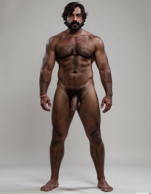 PEDRO de cuerpo entero 8K de hombre mediterráneo muy masculino y muy delgado pero musculoso está de pie, textura de piel natural híper realista, cara geométrica brutal con mandíbula cuadrada pesada, pómulos altos anchos, barbilla prominente con hoyuelo, ojos oscuros marrones profundos hundidos con cejas gruesas densas, nariz grande puente ancho recto forma griega, bigote morsa negro denso espeso cayendo en extremos cubriendo labio superior completamente, pelo negro rizado voluminoso desordenado, cuello grueso de toro con nuez prominente, pecho ancho cubierto vello negro rizado denso, pectorales voluminosos definidos con surco central profundo, cadena dorada colgando en surco pectoral, pezones oscuros marrón rojizo areolas anchas, abdominales six-pack marcados, vello corporal abundante formando trail oscuro vertical desde pecho hasta entrepierna, brazos musculosos gruesos con venas marcadas deltoides prominentes bíceps grandes tríceps herradura cubiertos vello negro, manos grandes dedos gruesos nudillos prominentes pelo dorso manos, piernas musculosas cuádriceps voluminosos muslos gruesos cubiertos vello negro denso rodillas huesudas pantorrillas gemelos forma diamante, pies grandes anchos pelo empeine, polla erecta treinta centímetros gruesa ocho centímetros diámetro color marrón oscuro curvada arriba venas dorsales marcadas prepucio largo glande ancho rojizo apuntando hacia arriba, huevos grandes colgando bajos escroto oscuro arrugado tamaño huevos gallina XL, piel aceitunada bronceada mediterránea, iluminación natural realista, fotorrealista, hiper detallado, desnudo completo. Los pies están desnudos. Polla erecta dura hacia arriba
