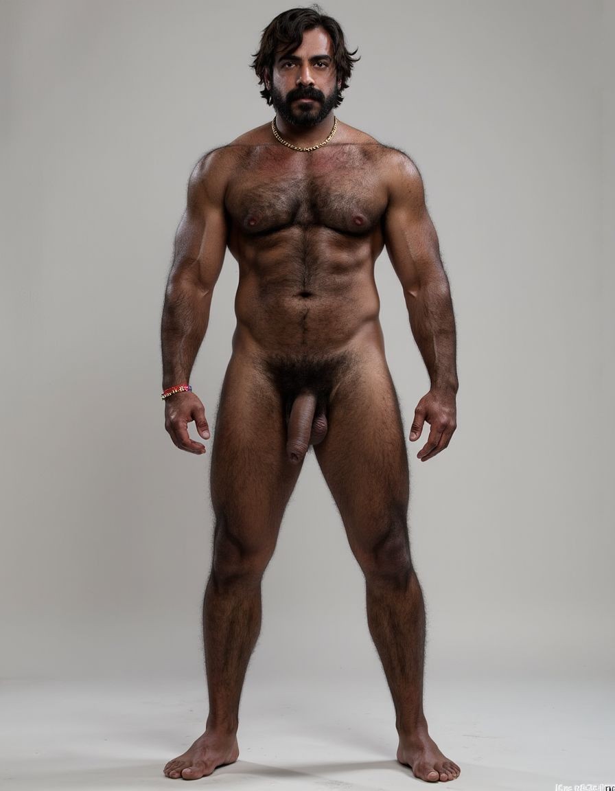 PEDRO de cuerpo entero 8K de hombre mediterráneo muy masculino y muy delgado pero musculoso está de pie, textura de piel natural híper realista, cara geométrica brutal con mandíbula cuadrada pesada, pómulos altos anchos, barbilla prominente con hoyuelo, ojos oscuros marrones profundos hundidos con cejas gruesas densas, nariz grande puente ancho recto forma griega, bigote morsa negro denso espeso cayendo en extremos cubriendo labio superior completamente, pelo negro rizado voluminoso desordenado, cuello grueso de toro con nuez prominente, pecho ancho cubierto vello negro rizado denso, pectorales voluminosos definidos con surco central profundo, cadena dorada colgando en surco pectoral, pezones oscuros marrón rojizo areolas anchas, abdominales six-pack marcados, vello corporal abundante formando trail oscuro vertical desde pecho hasta entrepierna, brazos musculosos gruesos con venas marcadas deltoides prominentes bíceps grandes tríceps herradura cubiertos vello negro, manos grandes dedos gruesos nudillos prominentes pelo dorso manos, piernas musculosas cuádriceps voluminosos muslos gruesos cubiertos vello negro denso rodillas huesudas pantorrillas gemelos forma diamante, pies grandes anchos pelo empeine, polla erecta treinta centímetros gruesa ocho centímetros diámetro color marrón oscuro curvada arriba venas dorsales marcadas prepucio largo glande ancho rojizo apuntando hacia arriba, huevos grandes colgando bajos escroto oscuro arrugado tamaño huevos gallina XL, piel aceitunada bronceada mediterránea, iluminación natural realista, fotorrealista, hiper detallado, desnudo completo. Los pies están desnudos. Polla erecta dura hacia arriba