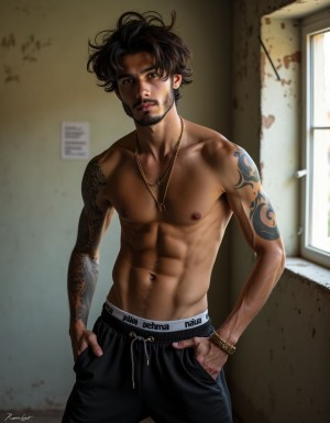 Joven colombiano de 19 años, piel morena latina, delgado pero musculoso, abdominales marcados, tatuaje tribal en brazo izquierdo, pelo negro corto despeinado, barba de tres días descuidada, ojos marrones oscuros, expresión arrogante y desafiante, sin camiseta mostrando torso desnudo, pantalón de chándal negro caído mostrando bóxers, cadena de oro al cuello, pulsera dorada, en habitación humilde con pared descascarada, iluminación natural de ventana, pose descarada apoyado contra la pared.
