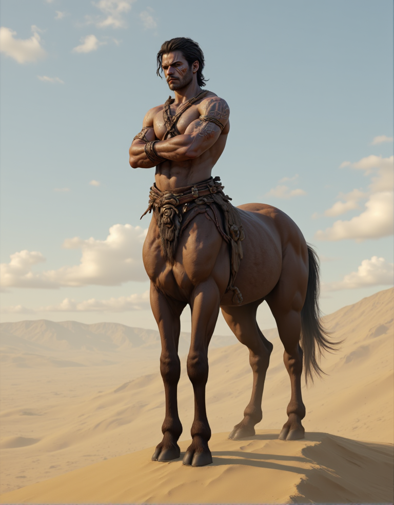A 19 years old male centaur with a rugged, scarred face and a gruff expression, his brown coat flecked with grey, stands atop a windswept dune, the endless expanse of desert stretching out behind him like an endless sea. His arms are crossed, and his eyes seem to bore into the horizon, as if searching for something or someone. Photo realistic.