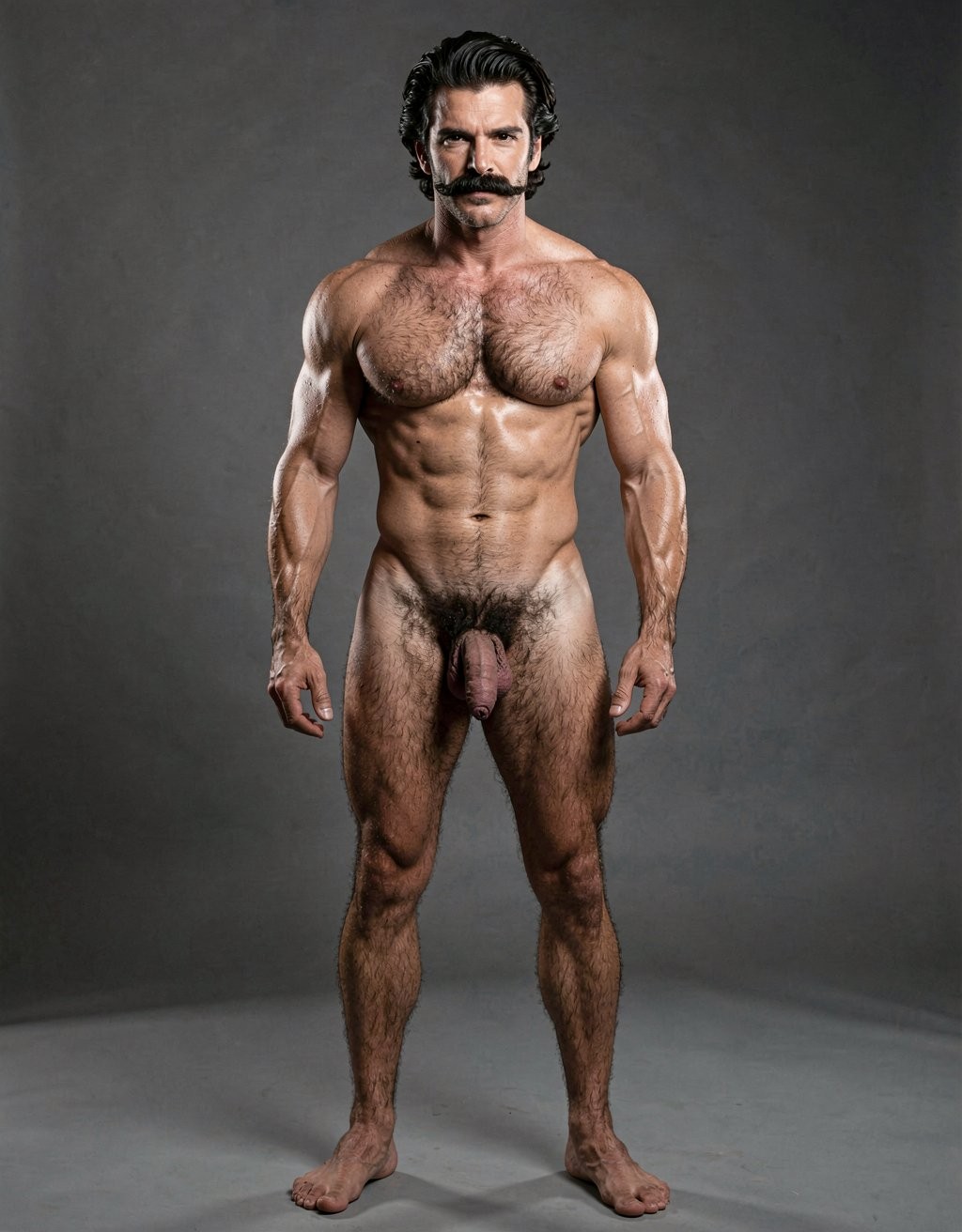 Full body portrait of Tom Selleck age 35, early 1980s Magnum P.I. era, 1.93m athletic V-taper build 80kg 8% body fat, standing nude facing viewer arms relaxed, thick dark wavy hair brushed back with volume, iconic dense horseshoe mustache, square masculine face, intense deep-set brown eyes, broad hairy chest with dense dark curly hair connecting to defined six-pack and deep Apollo's belt V, small pinkish-brown nipples, thick muscular neck, prominent veins on arms forearms lower abs groin and calves, large veiny penis with flared pink glans and moderate foreskin, hanging dark wrinkled scrotum with large oval testicles, powerful rounded glutes, thick hairy thighs with massive quads, dense dark leg hair especially on calves, large veiny feet, natural skin tones, sharp realistic anatomy and textures, dramatic cinematic lighting with soft rim light accentuating muscle definition and body hair, photorealistic, ultra detailed, 8k.   De cuerpo entero desde los pies hasta la cabeza.