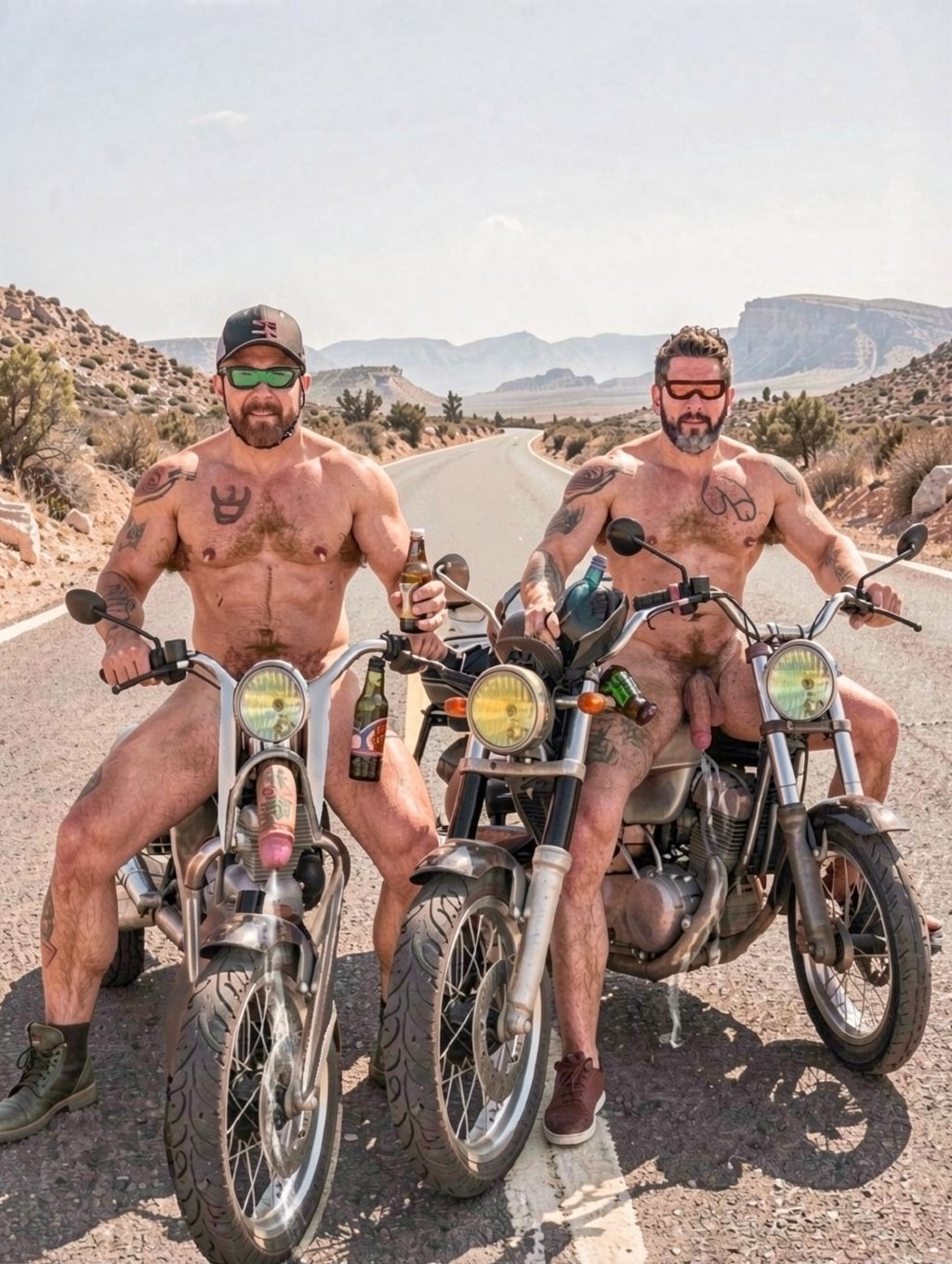 Dos hombres desnudos posan sentados sobre motocicletas clásicas en mitad de una carretera desértica, rodeados de montañas áridas, matorrales y un paisaje seco bajo un cielo claro. Ambos llevan gafas de sol, barba y tatuajes visibles en el pecho y los brazos; el de la izquierda también lleva gorra y sostiene una botella de cerveza mientras su pene queda visible entre las piernas abiertas sobre la moto. El hombre de la derecha, con calzado deportivo, está igualmente desnudo y muestra el pene mientras agarra el manillar. La escena transmite una estética motera, rebelde y provocadora, con botas, motos vintage, carretera solitaria y ambiente de ruta por el desierto.