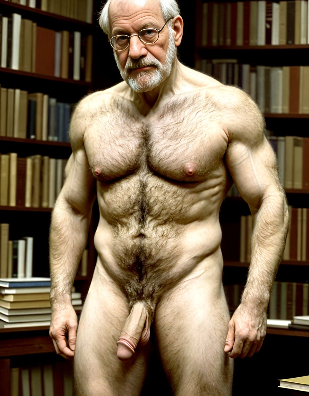 Sigmund Freud desnudo musculoso. Tiene el pecho velludo y brazos velludos. Está de pie. Está totalmente desnudo musculoso. Tiene pene grande erecto. Tiene testículos grandes. Tiene mucho vello y pelo. Foto muy realista texturas 8k. Está rodeado de libros de psicología tobogán laboratorio. Rodeado de dos hombres desnudos velludos. Hay un ambiente de psicología cercanía personal, compresión. Freud era un médico austríaco especializado en neurología. Es el padre del psicoanálisis y se le considera una de las figuras intelectuales más importantes del siglo XX.