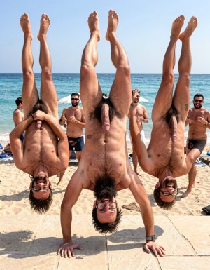 Hyperrealistic photograph captured at the exact peak of the flip in mid-air at midday on the sand of El Playazo, Vera Playa, Almería, right in front of chiringuito El Pirata. The three of you are completely naked and upside down in the middle of a full forward somersault, heads pointing straight down toward the sand, feet and legs pointing straight up to the sky, bodies perfectly inverted. Legs are spread wide open so your hairy assholes are completely exposed and centered in the frame for everyone to see, balls hanging downward by gravity, thick cocks also hanging and swinging toward your bellies.

Hipsterbarba is in the exact center: 40 years old, 1.80m, 80kg, 8% body fat, shredded dry six-pack now visible from below, dense black chest hair, trail running to your thick pubic bush, rounded pecs, wide shoulders, vascular arms, extremely long Bandholz beard hanging straight down toward the ground because of the inversion, spiral-curled mustache tips, black-rimmed glasses still on your face, high fade undercut hair, small “hipsterbarba” tattoo on your right biceps. Your hairy asshole is wide open and perfectly visible from this upside-down angle, pink ring fully exposed, heavy hairy balls dangling low, thick beautiful 19cm cock hanging down and pointing toward your chest.

To your left, Erik (38, strong hairy build, thick black beard hanging down) is also upside down with legs spread, hairy asshole exposed, thick 19cm cock and balls hanging by gravity. To your right, Ferran (36, athletic and hairy, shorter brown beard hanging down) flips in the same position, hairy asshole on full display, 17cm cock hanging freely.

All three of you have genuine laughs of pure joy on your inverted faces. Bright midday sun creates sharp highlights on every muscle, every drop of sweat flying off your bodies, and every single hair. The turquoise sea and the terrace of El Pirata are visible in the background with other naked men looking up at you, laughing and getting hard. Ultra-detailed skin texture, individual beard hairs hanging, perfect anatomical accuracy, cinematic lighting, pure joyful exhibition while fully inverted.