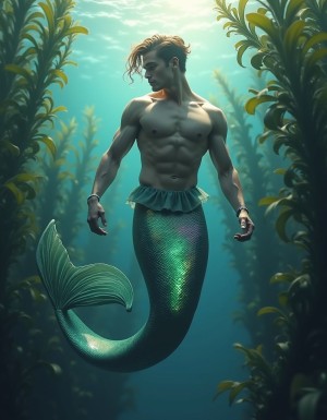 Hyper realistic Photo 8k. A handsome muscled mermaid with short hair with a colorful and iridescent tail. He swims in an underwater kelp forest, hair floating weightlessly behind him, as sunlight from the surface streams down and dapples the surroundings.