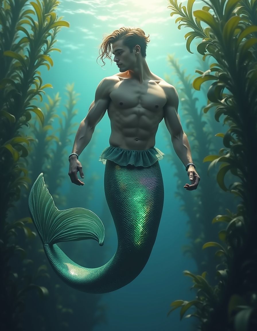 Hyper realistic Photo 8k. A handsome muscled mermaid with short hair with a colorful and iridescent tail. He swims in an underwater kelp forest, hair floating weightlessly behind him, as sunlight from the surface streams down and dapples the surroundings.