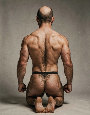 Mike Morris, a 32-year-old extremely lean Caucasian male at only 8% body fat, stands completely naked in a strict military attention pose seen from directly behind in a full posterior view. His back is perfectly straight, shoulders pulled back, arms rigid at his sides with fists clenched, legs straight and together, head held high. The shot captures him from the heels of his feet all the way up to the top of his bald head. His advanced Norwood III-IV baldness is clearly visible from behind, with a smooth tanned scalp on the crown and short dense dark brown hair only on the sides and lower back of the head. His back is highly defined and vascular: wide lats tapering dramatically to a very narrow, tight waist, thick trapezius muscles, and dense dark brown body hair lightly covering the shoulders and becoming much thicker and denser across the lower back and lumbar area, especially between the lats. His ass is tight, muscular and round with almost no fat, the glutes clearly separated. Thick dark hair continues down onto his powerful diamond-shaped calves and the backs of his slightly hairy feet. Dramatic directional studio lighting from above and slightly to the side creates strong highlights on his dry, shredded skin and deep shadows that accentuate every muscle fiber, the texture of his dense back hair, and the extreme vascularity and definition of his 8% body fat physique. Photorealistic, high-contrast, masculine 1970s Colt Studio aesthetic, grainy film texture, commanding and powerful presence. Las piernas están separadas 80 cm.  Se aprecia el surco entre glúteos respingones  muy abierto con una separación de 4 centímetros entre glúteos. Está de rodillas.