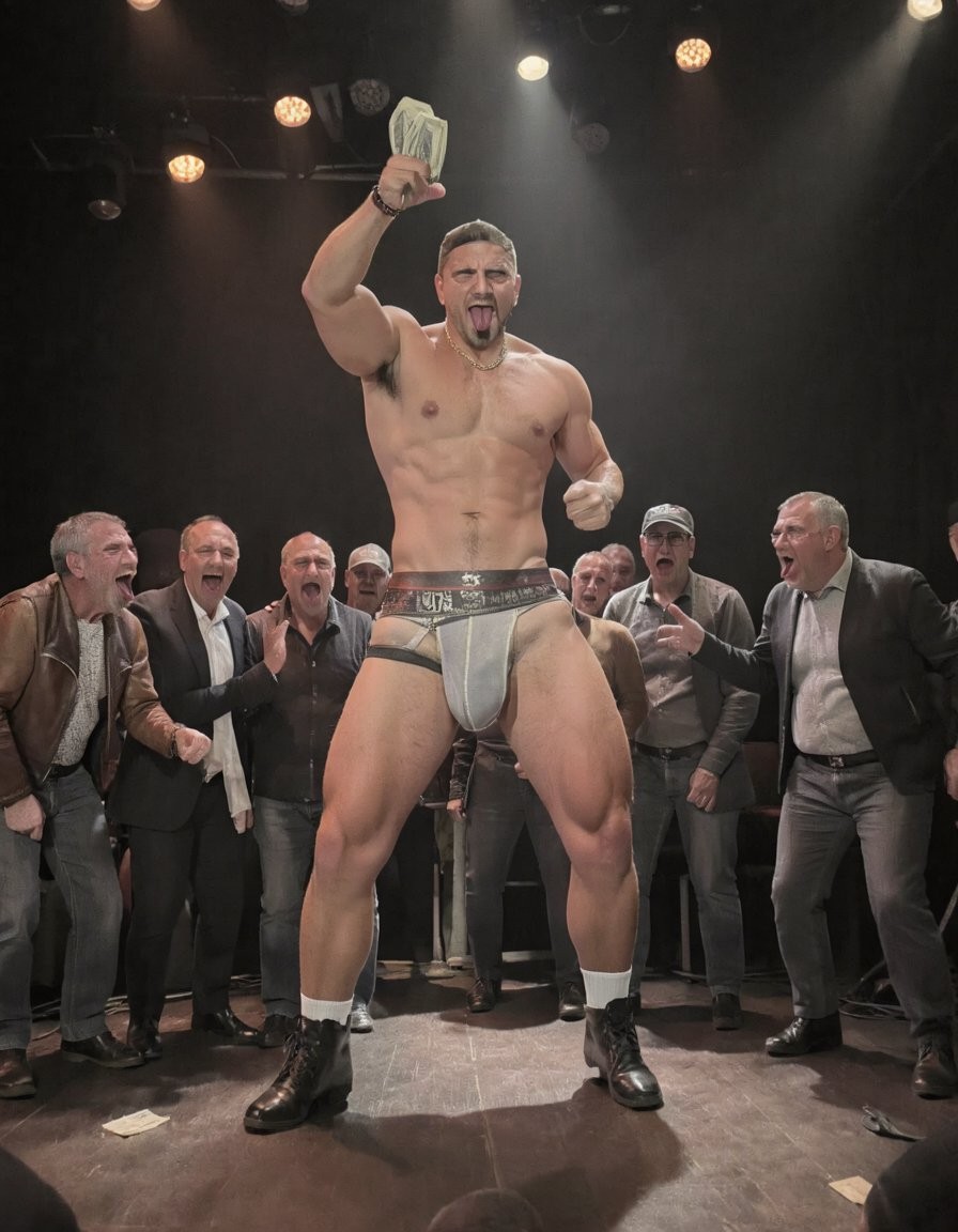 A muscular man appears on a dark stage, lit by show spotlights, posing provocatively while raising a wad of bills in one hand and sticking out his tongue. He wears only a silver jockstrap that outlines his bulge, black boots, and white socks, leaving his defined torso, abs, and strong legs exposed. Around him, several men dressed in suits and casual clothing shout, applaud, and celebrate enthusiastically, creating the atmosphere of a nightclub, bachelor party, or male erotic performance. The floor is scattered with bills, reinforcing the feeling of a show, money, exhibitionism, and uninhibited partying.