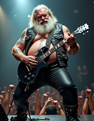 Un abuelo obeso de 65 años, con barba blanca despeinada y cabello largo blanco desordenado cayendo sobre su frente, vistiendo un chaleco de cuero negro con tachas de metal brillantes y mangas cortas, que deja al descubierto su torso peludo y sudoroso, con un pecho velludo y una gran barriga prominente que se extiende por debajo del chaleco, lleva pantalones de cuero negro ajustados y botas de cuero con hebilla de metal, sujetando una guitarra eléctrica negra con adornos de metal en sus manos, listo para tocar un poderoso riff de heavy metal en un escenario oscuro y lleno de humo, con luces estroboscópicas y altavoces a sus lados, su rostro arrugado muestra intensidad y pasión, con los ojos cerrados y la boca abierta, como si estuviera a punto de gritar el estribillo de una canción, mientras el fondo está lleno de fans de heavy metal con el puño en alto, enfocados en el abuelo como centro de atención, listo para arrasar el escenario con su música, en una imagen hiperrealista con detalles de alta calidad.