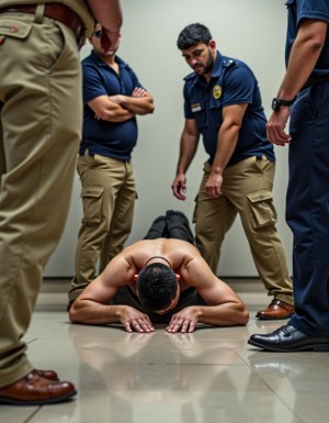 Novatada. un vigilante novato es obligado por sus compañeros a desnudarse y arrastrarse por el suelo, es la novatada de iniciación, el suelo es de mármol frío. Los compañeros permanecen de pie y vestidos humillándolo.