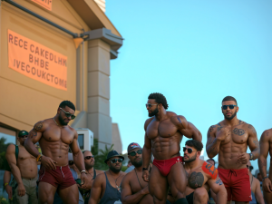 Orgullo madrileño a su paso por la puerta de Alcalá, se ve la parte superior del monumento. Varios negros musculosos subidos en la carroza, muestran sus cuerpos y uno de ellos está en tanga marcando paquete, un par de hombres bebidos le tocan el culo por detrás. Hay gente por todas partes y subida en la carroza. Luz del atardecer marcando sombras sobre el monumento.