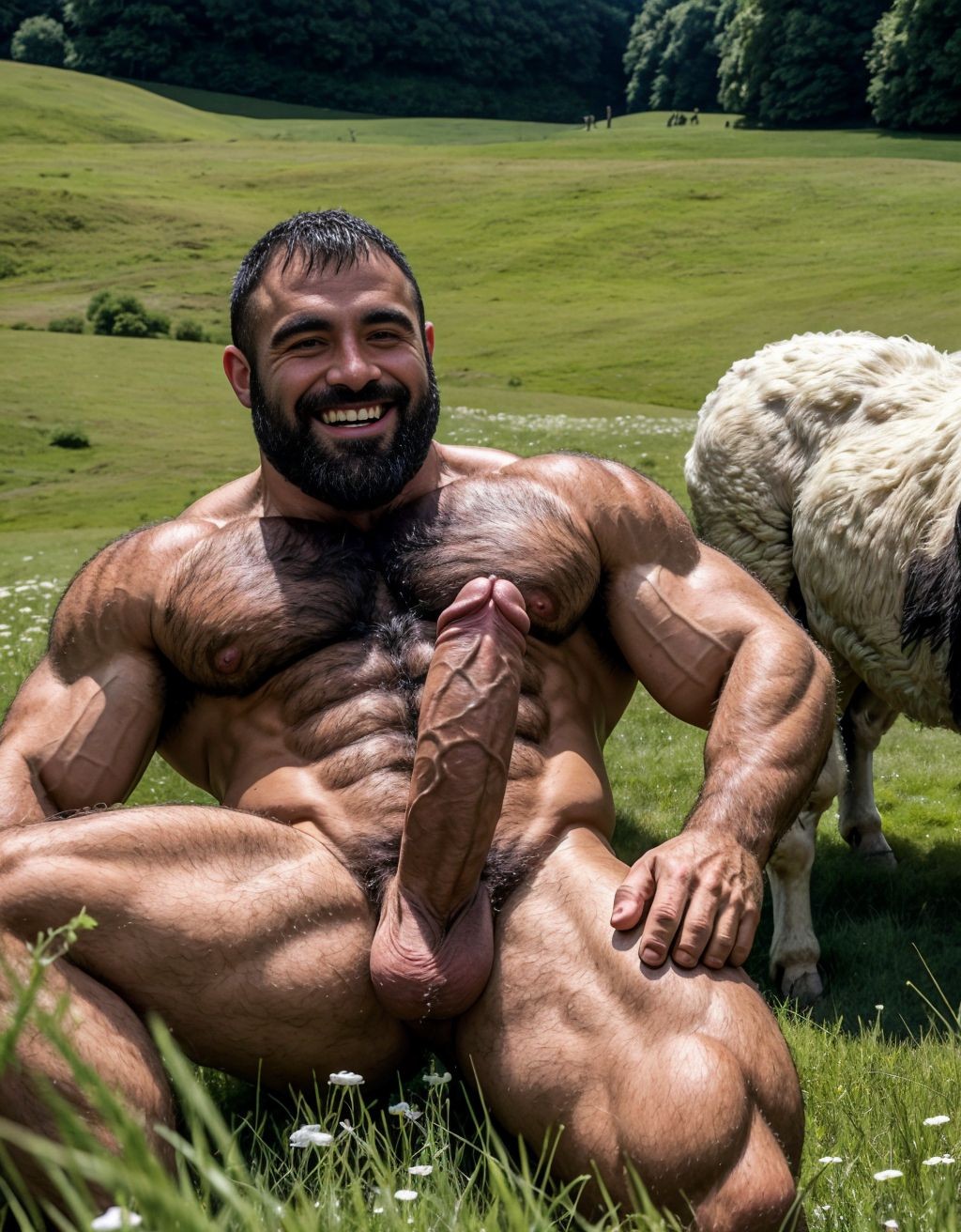 Dos hombres desnudos musculosos velludos están son pastores de ovejas en el prado verde. Están contentos y alegres. Tienen el pene grande de donde sale mucho semen líquido blanco. Tienen los testículos grandes y peludos.
