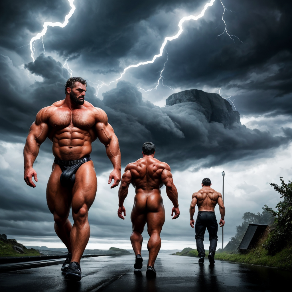 Dos hombres machos musculosos desnudos muy viriles con pene grande y testículos grandes y peludos. Caminando 10🌧️🌬️💨☔️☂️